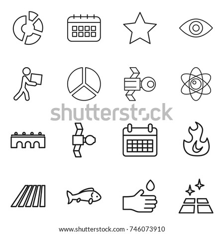 thin line icon set : circle diagram, calendar, star, eye, courier, satellite, atom, bridge, fire, field, fish, hand drop, clean floor