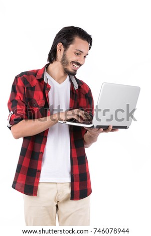 successful student is browsing on a laptop. Isolated on white background.