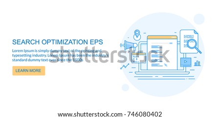 Search optimization, SEO marketing, Search result line vector banner with icons and texts isolated on white background