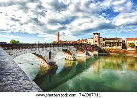 Verona, landscape overlooking the river Adige. Royalty-Free Stock Photo #746087911