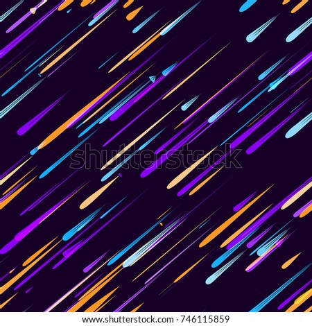 Moving Fast Neon Light Particles, Shooting Stars, Meteorites on Space Background. Speed Lines, Stripes Seamless Pattern Design. Seamless Holiday, Cover, Ad, Fashion, Fabric Pattern