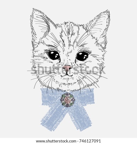 Vector illustration with cute cat. Fashion illustration. T-shirt design.  Childish design. Illustration for card.