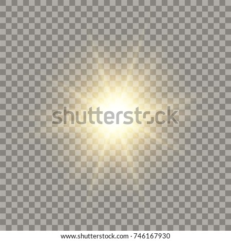 Golden shining vector sun with transparent rays. Yellow detonation effect.