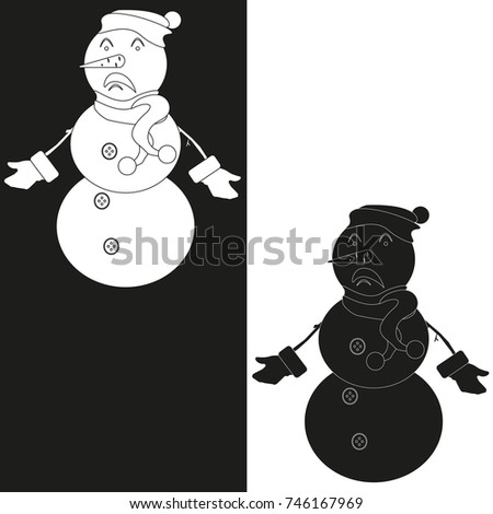 White and black contour of a sad snowman