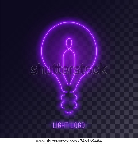 Purple neon lightbulb logo design. Realistic retro night club decoration.