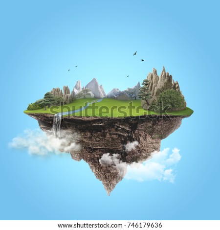 Isolated green island with mountain and waterfall flying high in the blue sky Royalty-Free Stock Photo #746179636