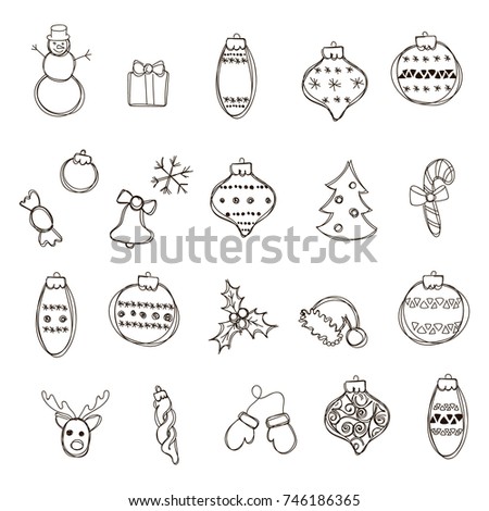 Christmas New Year symbols: pine, gift, candy, deer, bell, toy, Holly berry, snow man, cane, mitten, bauble. Set of outline hand drawn icons isolated on white background.