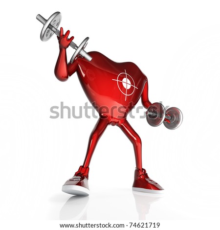Heart in the form of character with the dumbbells. In sneakers. Isolated on white background