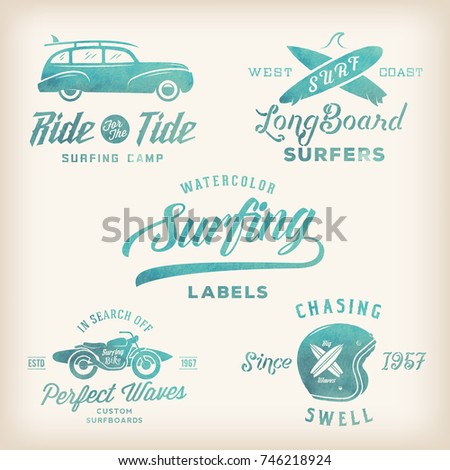 Watercolor Retro Style Surfing Labels Illustration or T-shirt Graphic Design Featuring Surfboards, Surf Woodie Car, Motorcycle Silhouette, Helmet etc. Good for Posters etc. Raster Copy.