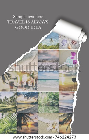 Background with many photos from vacation on beautiful a seaside with effect ofripped paper. Design, advertising, concept Royalty-Free Stock Photo #746224273