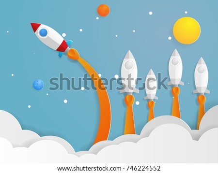 illustration of think different concept, red rocket flying new direction from other rocket vector paper art business concept