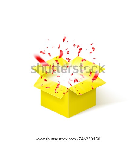 Yellow box with red confetti. Surprise box isolated on white background. Vector illustration