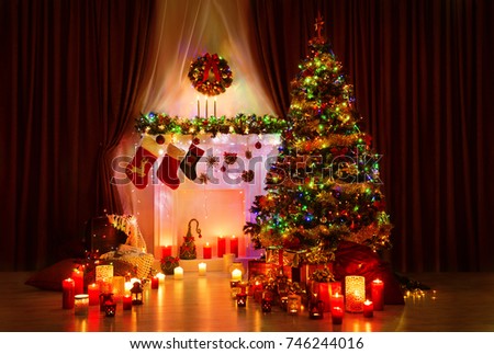 Lighting Christmas Tree, Xmas Fireplace and Stockings, New Year Night Room Interior
