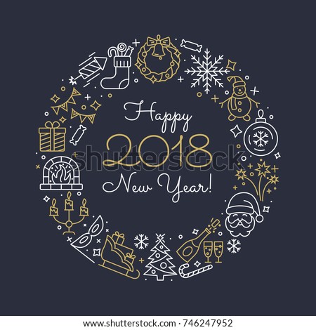 New Year icons. Happy New Year 2018 Frame. Elegant minimal design in the style of a thin line art. Christmas party elements. Outline pictograms for web site design and mobile apps. Editable stroke.