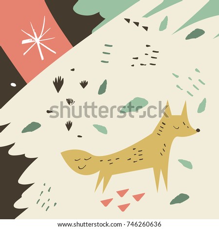 Vector cute fox and hand drawn background. Poster, postcard, sticker, print, illustration, elements for design and other.