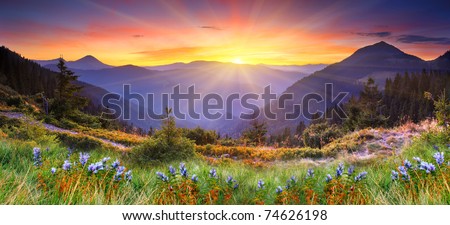 Majestic sunset in the mountains landscape. HDR image Royalty-Free Stock Photo #74626198