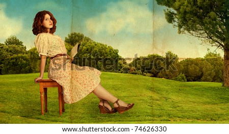 beauty young woman on nature, green grass, blue sky,retro paper texture