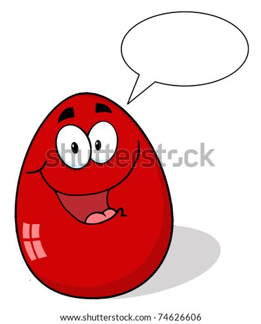 Happy Red Easter Egg Mascot Cartoon Character With Speech Bubble