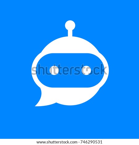 Chatbot icon. Bot sign design. Chat bot logo concept. Robot head in speech bubble. Online customer support service bot. Modern flat illustration isolated on blue background
