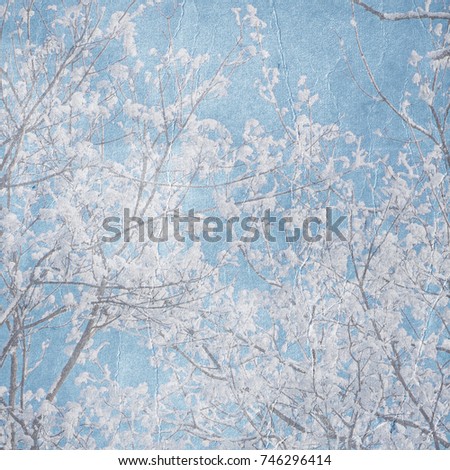 winter background on paper texture with snow-covered branches of trees