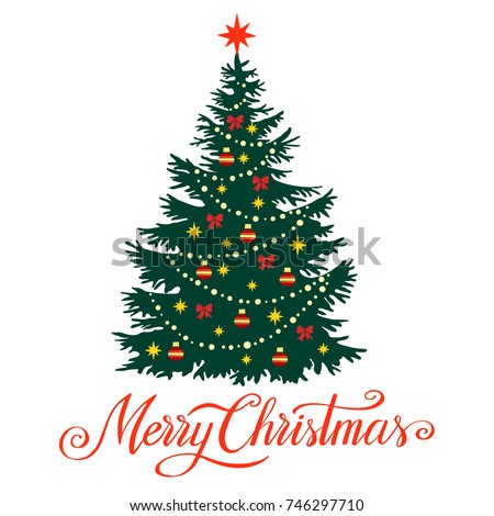 Christmas tree silhouette with decorations, vector illustration  isolated on white background, template for design, greeting card, invitation.