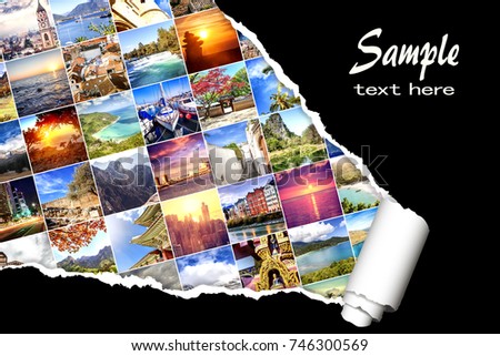 Background with many photos from vacation and travel, destination all over the world, with  effect of ripped paper. Design, advertising, concept