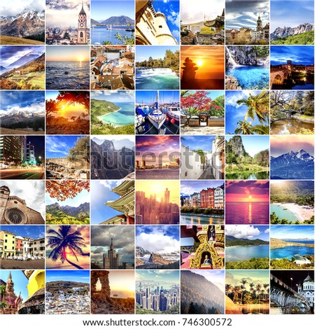 Beautiful travel background can be used for magazines, leaflets, advertising, covers. Collection images used as a background with several destinations from all over the world