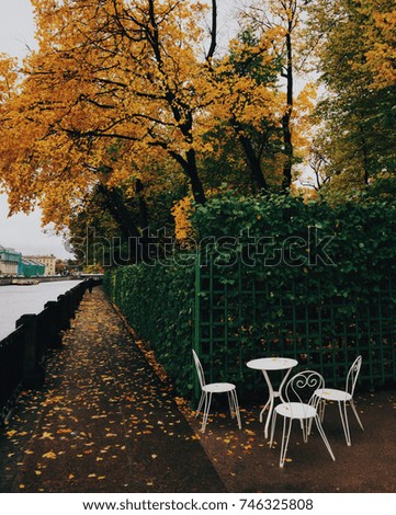 Outdoor picture of table and chairs in autumn park. Ready furniture for having dinner outside. Calm atmosphere. Beautiful nature and landscapes. Flora concept