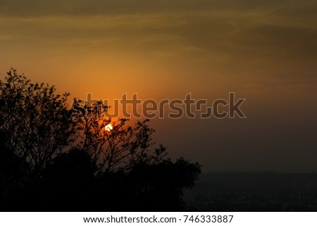 Silhouette sun setting behind the tree branches. Picture taken from Parvati Hill in Pune city of India