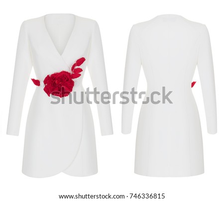 Set, front view and back, beautiful luxury fashionable white jacket, with red voluminous flower in front, celebration, on white background, isolated, clipping clothes