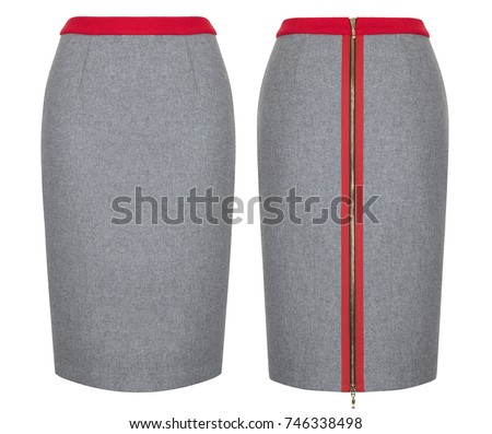 Set, front view and back, luxurious fashionable beautiful woolen skirt with zipper behind, gray with red, isolated, clipping clothes