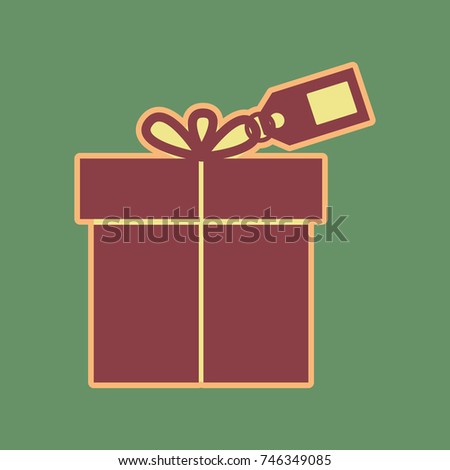 Gift sign with tag. Vector. Cordovan icon and mellow apricot halo with light khaki filled space at russian green background.