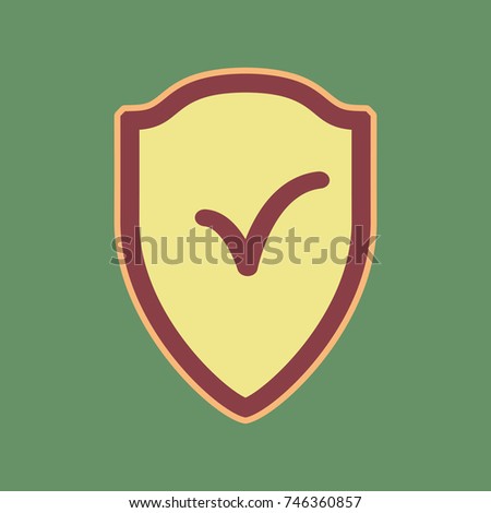 Shield sign as protection and insurance symbol. Vector. Cordovan icon and mellow apricot halo with light khaki filled space at russian green background.
