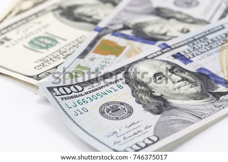 Dollar currency placed on white background isolated with copy space for writing text.
