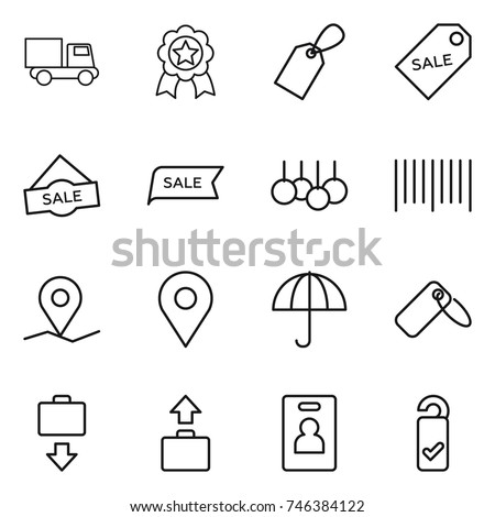 thin line icon set : truck, medal, label, sale, bar code, geo pin, dry cargo, baggage get, identity card, please clean