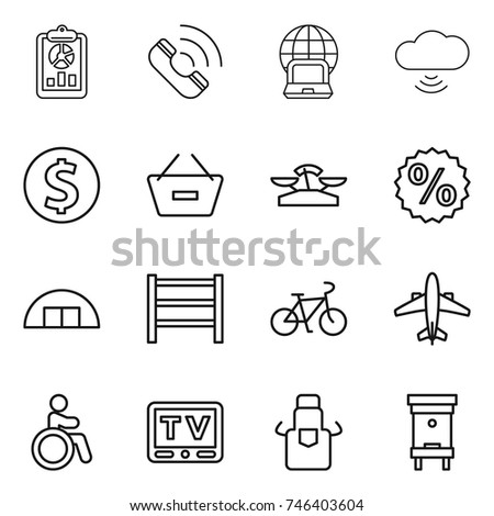 thin line icon set : report, call, notebook globe, cloud wireless, dollar coin, remove from basket, scales, percent, hangare, rack, bike, airplane, invalid, tv, apron, hive