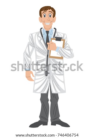Doctor, medical professional, wearing white lab coat, with stethoscope and holding a medical report.