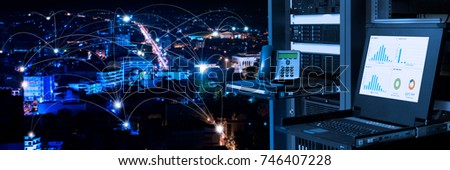 Management and monitoring monitor in data center and connectivity lines over night city background, smart city concept Royalty-Free Stock Photo #746407228