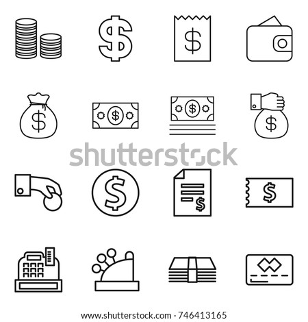 thin line icon set : coin stack, dollar, receipt, wallet, money bag, gift, hand, account balance, cashbox, credit card Royalty-Free Stock Photo #746413165
