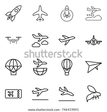 thin line icon set : rocket, plane, weather management, drone, journey, parachute delivery, shipping, air ballon, deltaplane, ticket, departure, arrival, wasp Royalty-Free Stock Photo #746419891