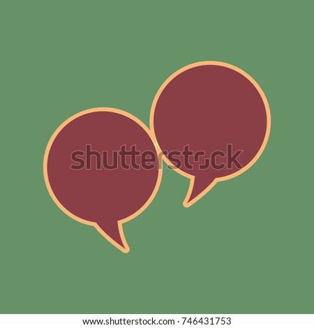 Two speech bubble sign. Vector. Cordovan icon and mellow apricot halo with light khaki filled space at russian green background.