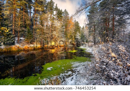 Picture of the forest autumn river with the snow on its coast of I