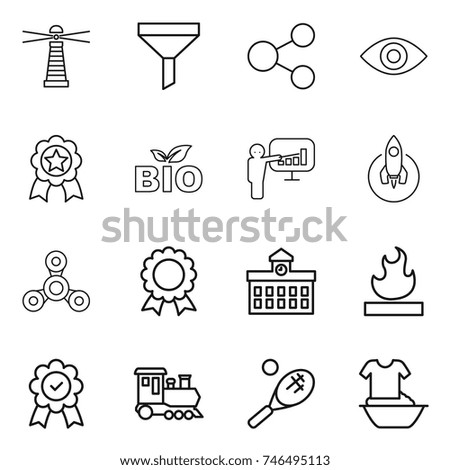 thin line icon set : lighthouse, funnel, share, eye, medal, bio, presentation, rocket, spinner, university, flammable, train, tennis, handle washing