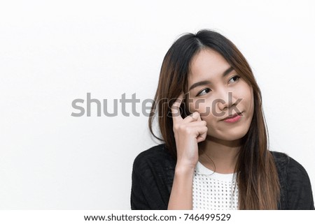 Business woman think for ideas isolate on white background,Thailand people,Secretary girl thinking concept