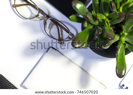 office attributes, lying keyboard, glasses, notebook, phone and succulent on white background, mock top, copy space