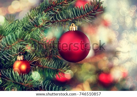 Christmas background - baubles and branch of spruce tree Royalty-Free Stock Photo #746510857
