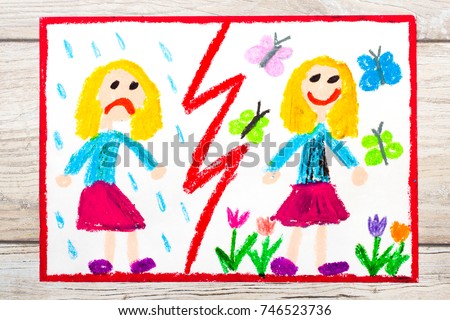 Photo of colorful drawing. Opposites: sad and happy girl