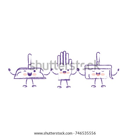 kawaii cartoon hand broom and glove and hand dustpan holding hands in purple blurred silhouette vector illustration