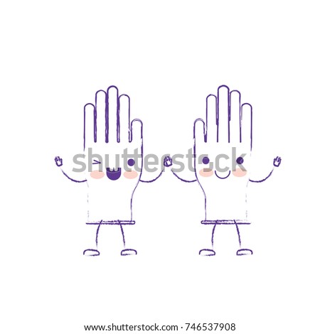 kawaii cartoon pair gloves holding hands in purple blurred silhouette vector illustration