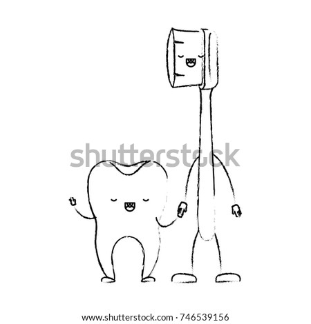 tooth and toothbrush in cartoon holding hands in monochrome blurred silhouette vector illustration